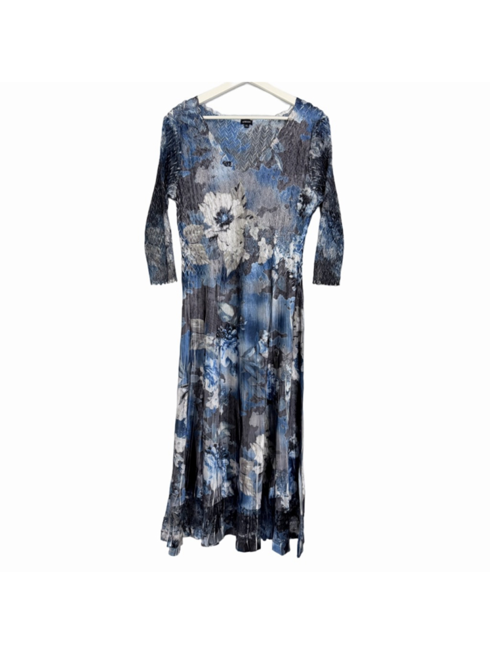 KOMAROV Blue Gray Floral Pleated Charmeuse Cocktail Dress Lace Sleeve Size XL - Picture 2 of 15